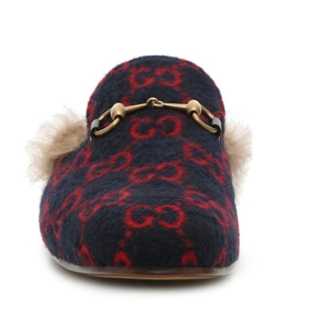 Gucci Women Blue Red & Wool GG Monogram Fur Princetown Mule Slippers 35 - Picture 12 of 16